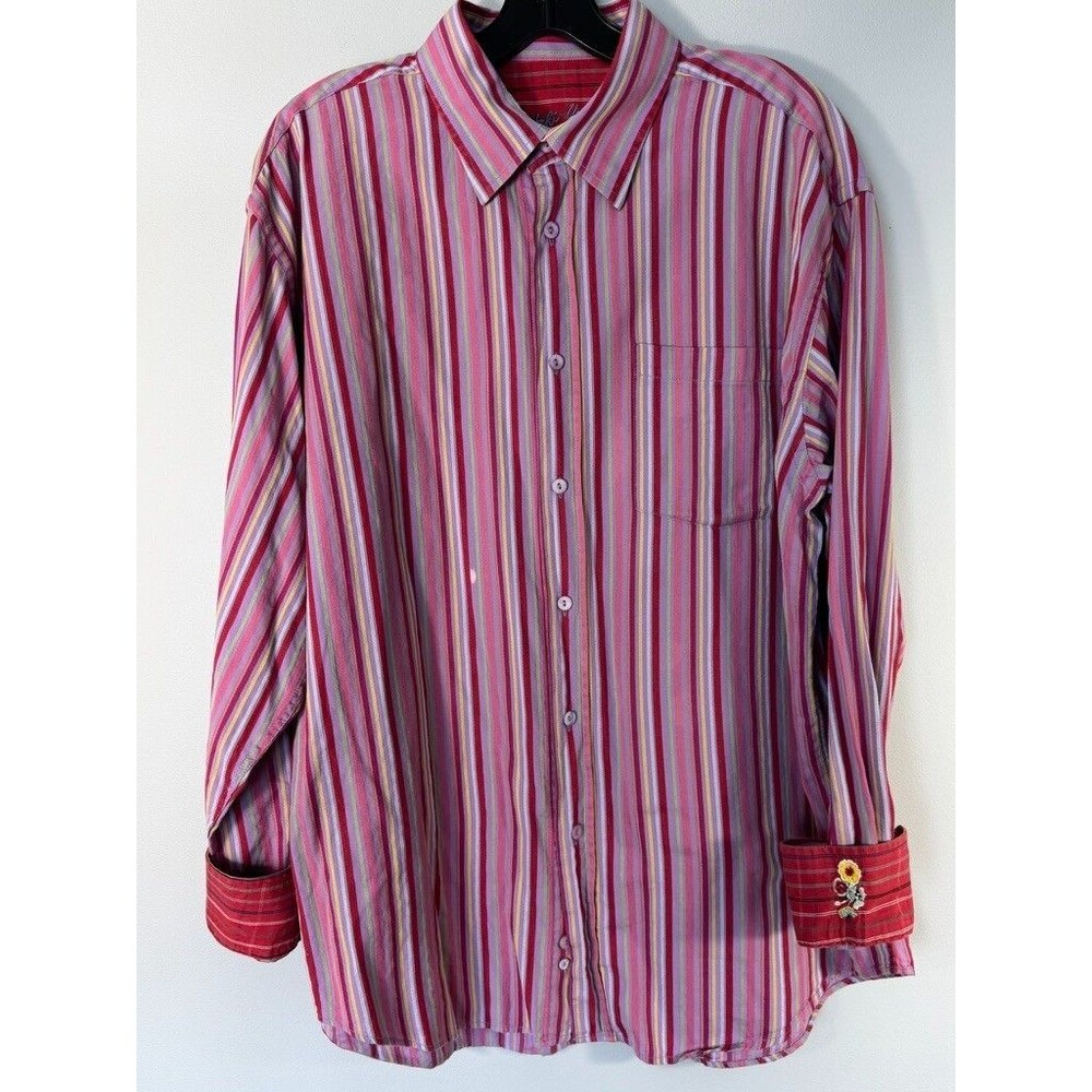 Bugatchi Uomo Pink Red Striped Long Sleeve Shirt Y2k Embroidered Vintage Lg